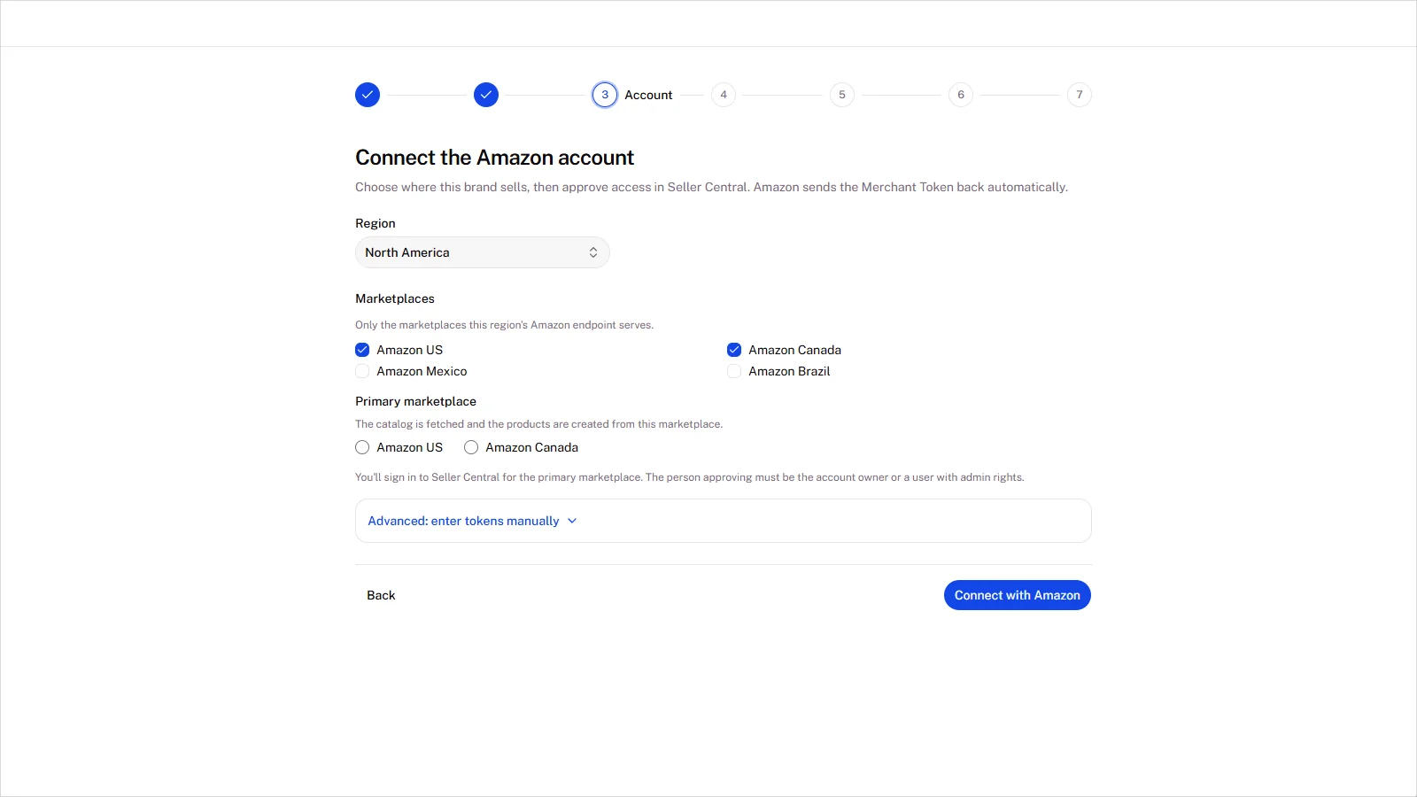 A2Z ERP onboarding step for connecting an Amazon Seller Central account and importing its product catalog